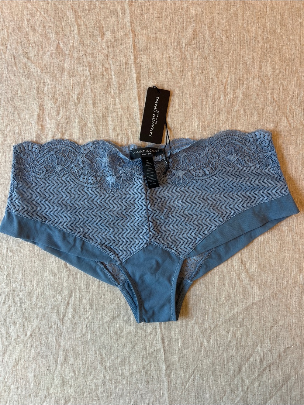Samantha Chang Flaunt Tuxedo Boyshort in Dusty Blue. Lace-Trim. Size M. NWT